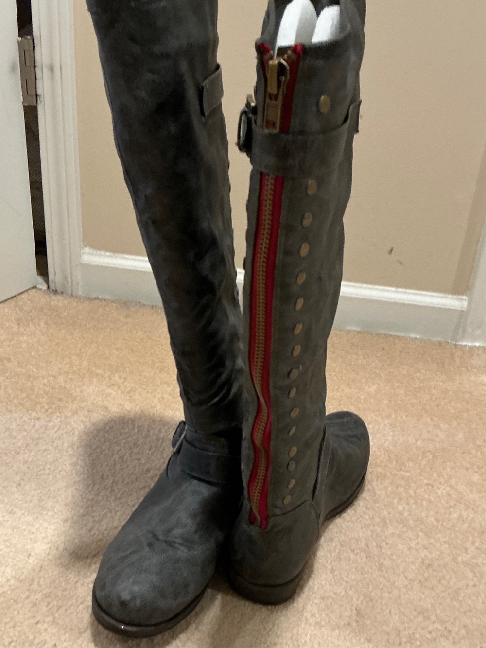 Women's Tall Gray Riding Boots with Red Zip Accent- Extra Wide Calf - 91/2